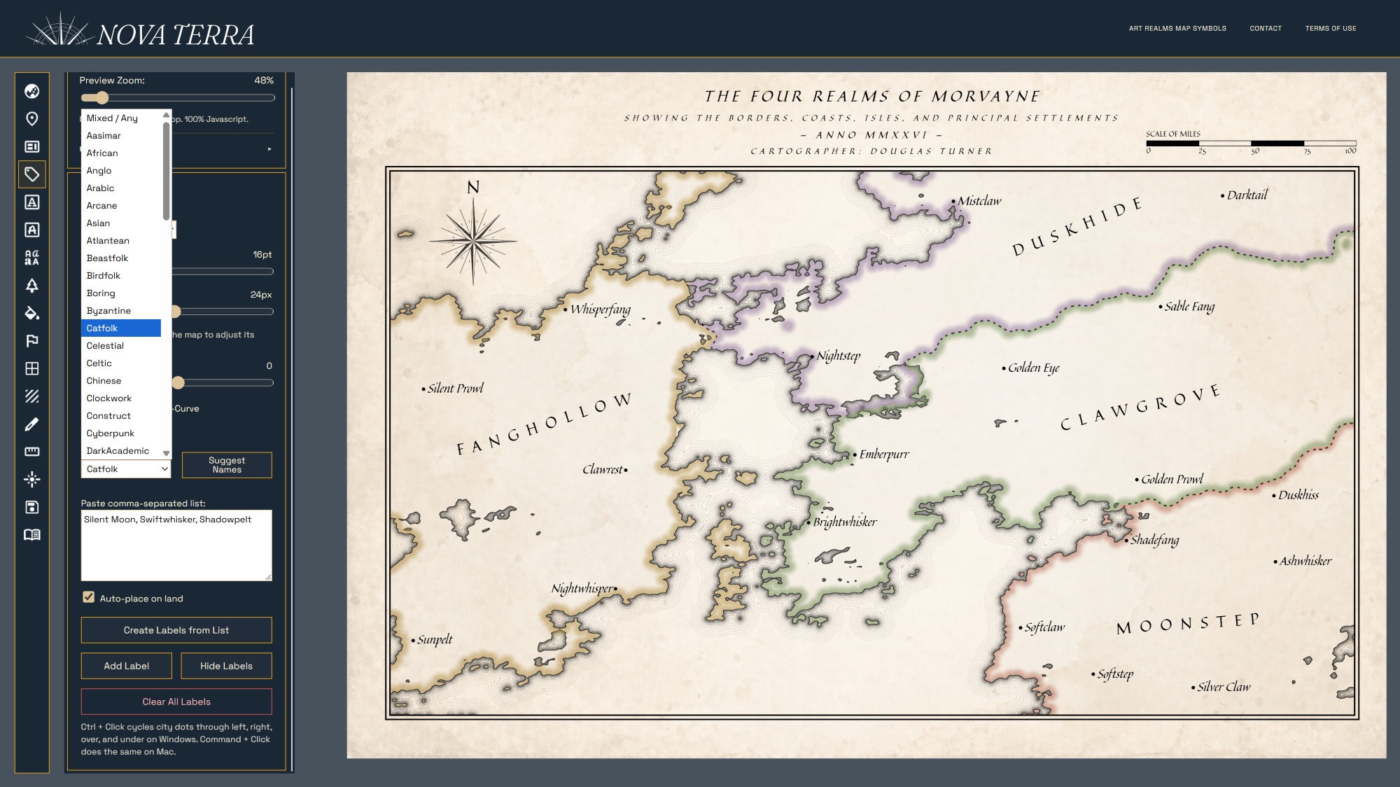 Nova Terra place names panel